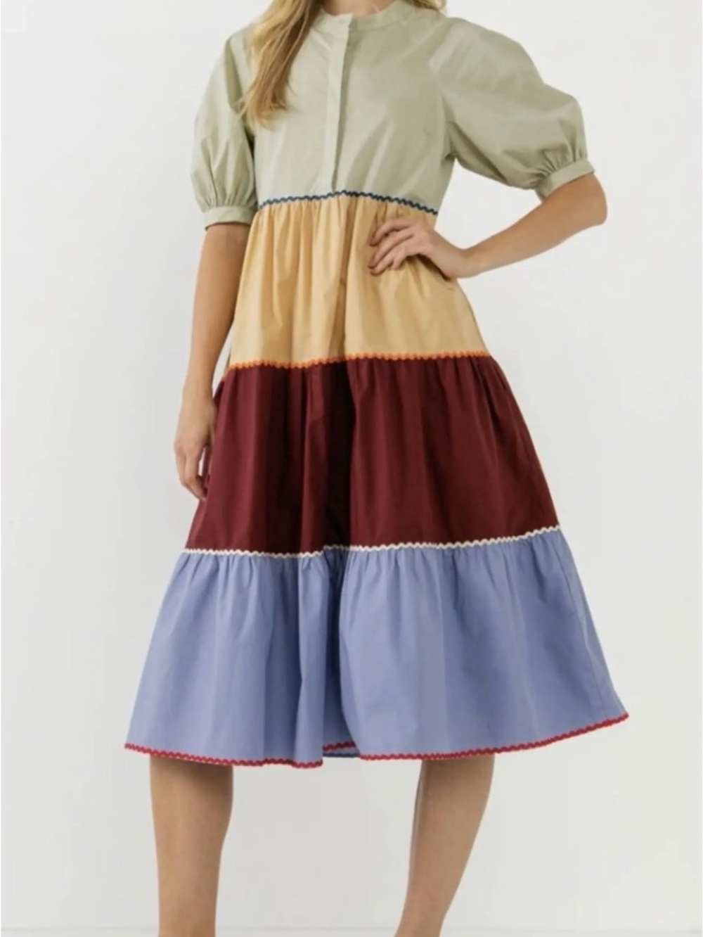 English Factory Tiered Colorblock Midi Skirt in Beige, Burgundy & Light Blue